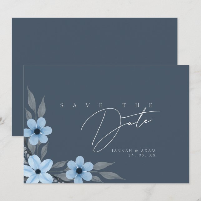 Simple Slate Blue Floral Wedding Save The Date (Front/Back)