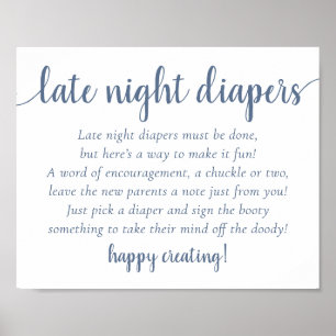 Simple Slate Late Night Diapers   Blue Baby Shower Poster