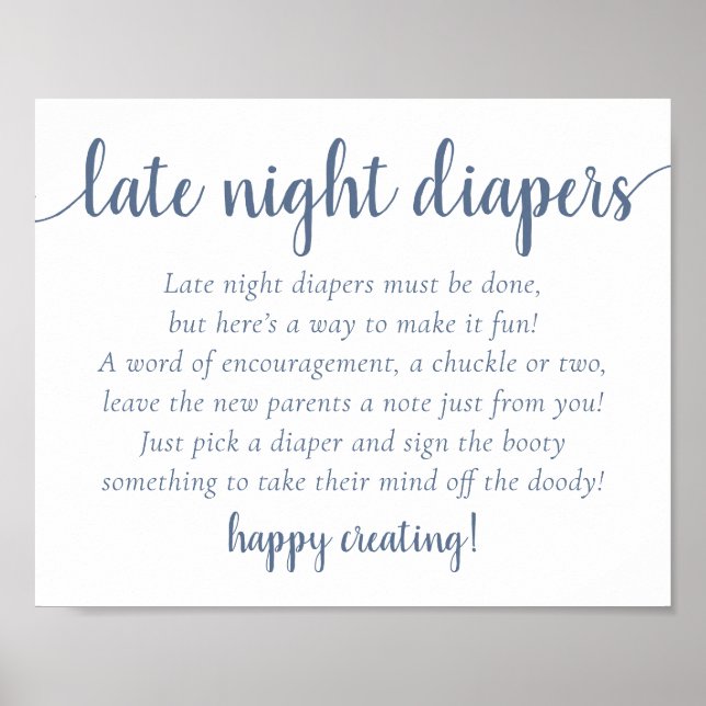 Simple Slate Late Night Diapers | Blue Baby Shower Poster (Front)