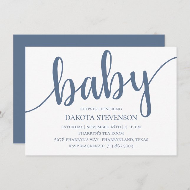 Simple Slate Script | Dusty Denim Blue Baby Shower Invitation (Front/Back)