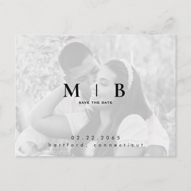 Simple & Sleek B/W Photo Monogram Save the Date Announcement Postcard (Front)