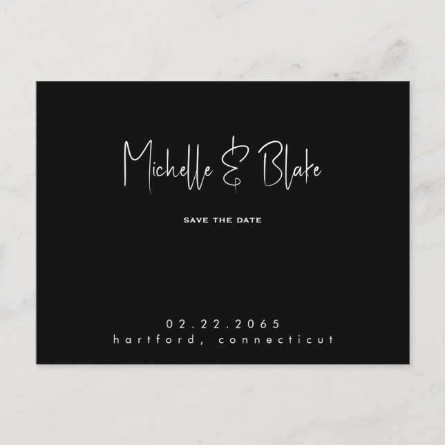 Simple & Sleek Modern Black Wedding Save the Date Postcard (Front)