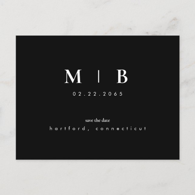 Simple Sleek Monogram Black Save the Date QR Code Postcard (Front)