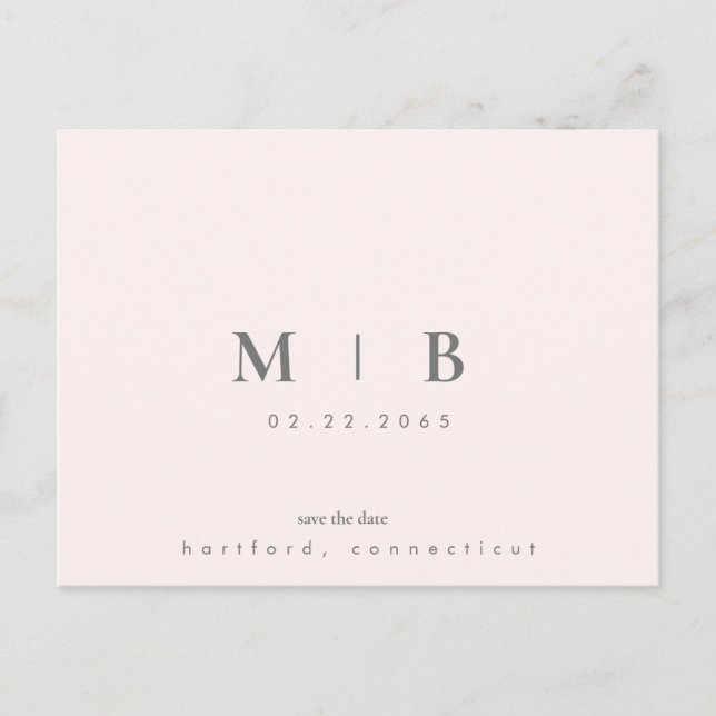 Simple Sleek Monogram Blush Wedding Save the Date Announcement Postcard (Front)