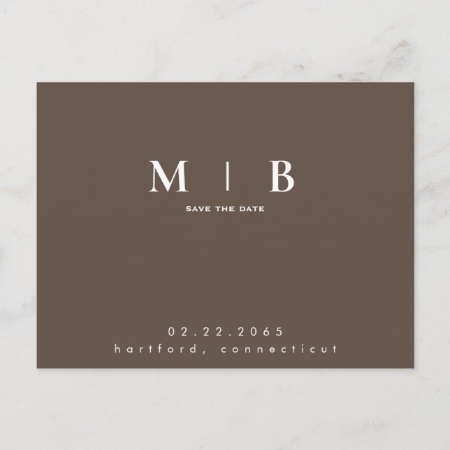 Simple & Sleek Monogram Chocolate Save the Date  Announcement Postcard (Front)