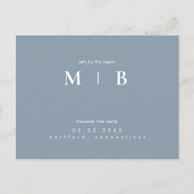 Simple & Sleek Monogram Dusty Blue Change the Date Announcement Postcard (Front)
