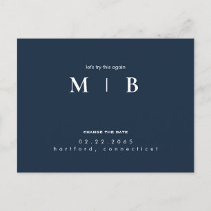 Simple & Sleek Monogram Navy Change the Date  Announcement Postcard
