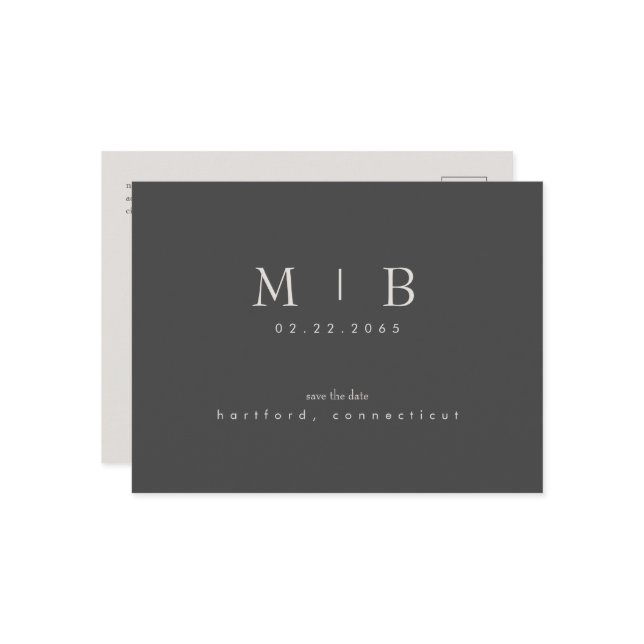 Simple & Sleek Monogram Wedding Save the Date Grey Announcement Postcard (Front/Back In Situ)