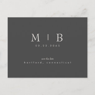Simple & Sleek Monogram Wedding Save the Date Grey Postcard