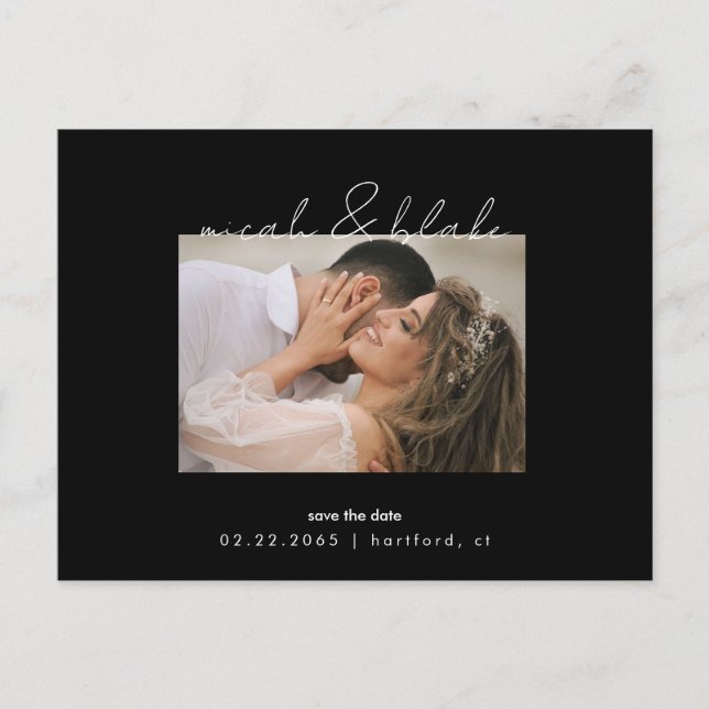Simple & Sleek Photo Black Wedding Save the Date Postcard (Front)