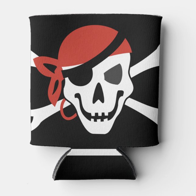 Simple Smiling Pirate Skull with Red Bandana Can Cooler (Front)