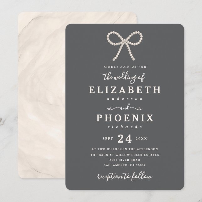 Simple Smoked Oyster Pearl Bow Trendy Wedding Invitation (Front/Back)