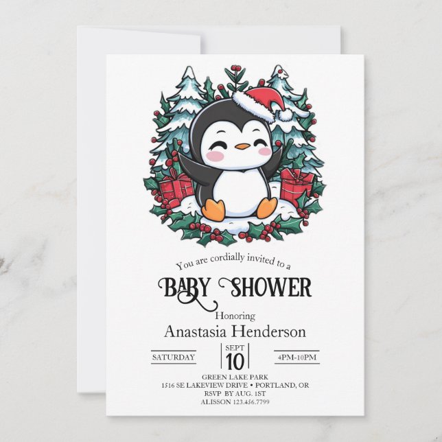 Simple Snowflake Penguin Baby Shower Invitation (Front)
