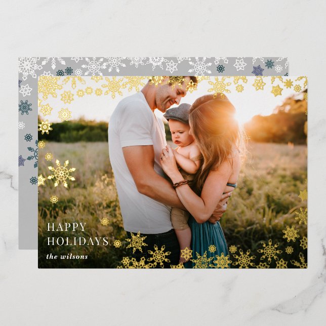 Simple Snowflakes Frame Modern Full Photo Foil Holiday Card (Front/Back)