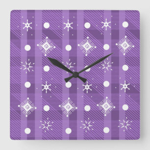 Simple Snowflakes Purple Plaid  Square Wall Clock