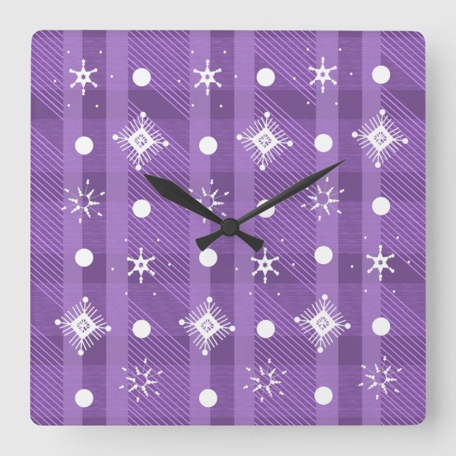 Simple Snowflakes Purple Plaid  Square Wall Clock (Front)