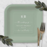 Simple Solid Color Leaf Green Wedding Monogram Paper Plate<br><div class="desc">Simple Solid Color Leaf Green Wedding Monogram Reception Personalized Paper plates. This modern wedding or any event Paper plate design is simple and minimal with a plain solid background color and trendy signature calligraphy script fonts. Shown in the new Wedding Color Palette. Also features a simple monogram on the top....</div>