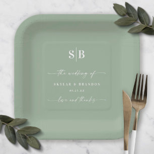 Simple Solid Color Leaf Green Wedding Monogram Paper Plate
