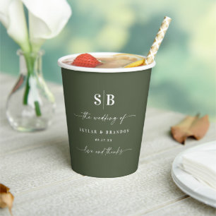 Simple Solid Colour Dark Green Monogrammed Wedding Paper Cups