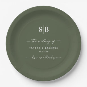 Simple Solid Colour Dark Green Monogrammed Wedding Paper Plate