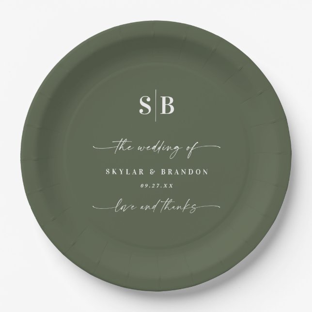 Simple Solid Colour Dark Green Monogrammed Wedding Paper Plate (Front)