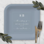 Simple Solid Colour Dusty Blue Wedding Monogram Paper Plate<br><div class="desc">Simple Solid Colour Dusty Blue Wedding Monogram Reception Personalized Paper plates. This modern wedding or any event Paper plate design is simple and minimal with a plain solid background colour and trendy signature calligraphy script fonts. Shown in the new Wedding Colour Palette. Also features a simple monogram on the top....</div>