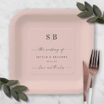 Simple Solid Colour Light Pink Wedding Monogram  Paper Plate<br><div class="desc">Simple Solid Colour Light Pink Wedding Monogram Reception Personalized Paper plates. This modern wedding or any event Paper plate design is simple and minimal with a plain solid background colour and trendy signature calligraphy script fonts. Shown in the new Wedding Colour Palette. Also features a simple monogram on the top....</div>