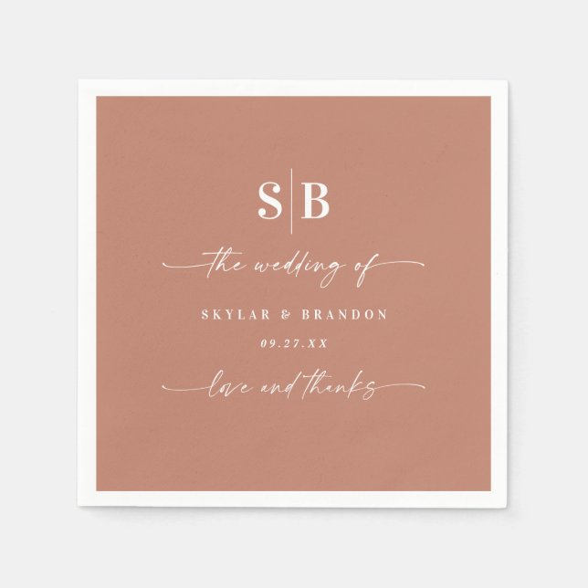 Simple Solid Colour Terracotta Monogrammed Wedding Napkin (Front)