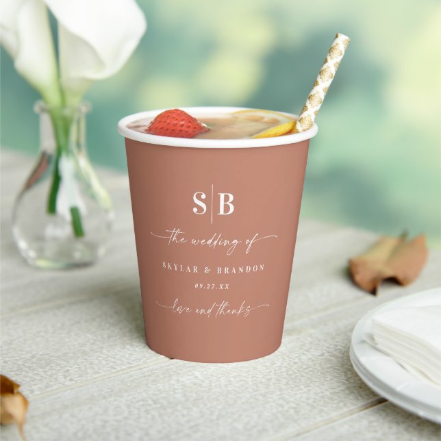 Simple Solid Colour Terracotta Monogrammed Wedding Paper Cups (Insitu)