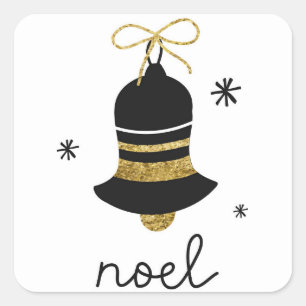 Simple sophisticated black gold bell noel holiday square sticker
