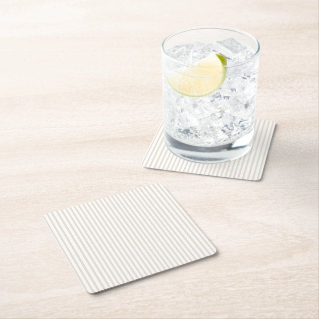 Simple Sophisticated Modern Tan and White Stripe  Square Paper Coaster (Insitu)