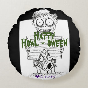 Simple Spooky Halloween Family Happy Howl-oween Round Pillow