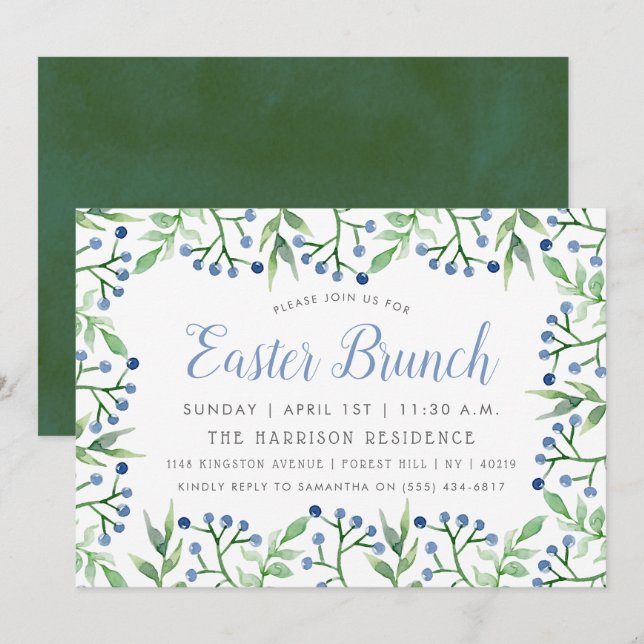 Simple Spring Blueberries Easter Brunch Invitation (Front/Back)