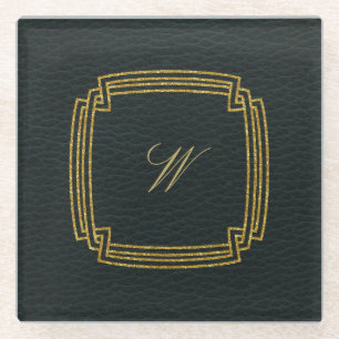 Simple Square Monogram on Dark Leather Glass Coaster
