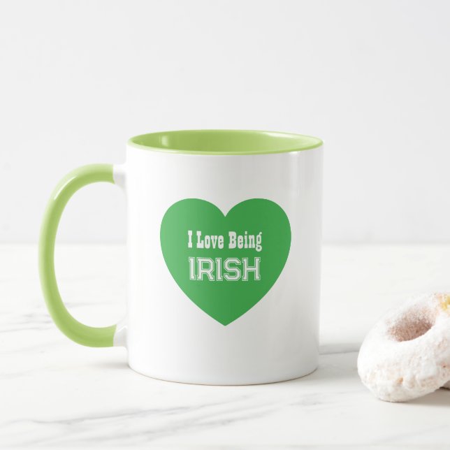 Simple St. Patrick's Day Green I Love Being Irish Mug (With Donut)