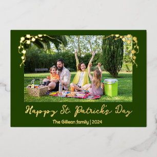 Simple St patricks day Shamrocks family photo Foil Holiday Card