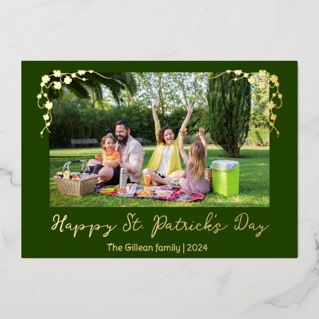 Simple St patricks day Shamrocks family photo Foil Holiday Card (Front)