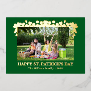 Simple St patricks day Shamrocks family photo Foil Holiday Card