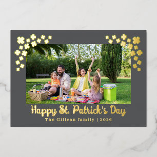 Simple St patricks day Shamrocks family photo Foil Holiday Card