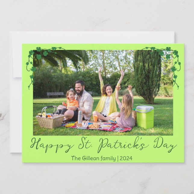 Simple St. patrick's day Shamrocks family photo Holiday Card (Front)