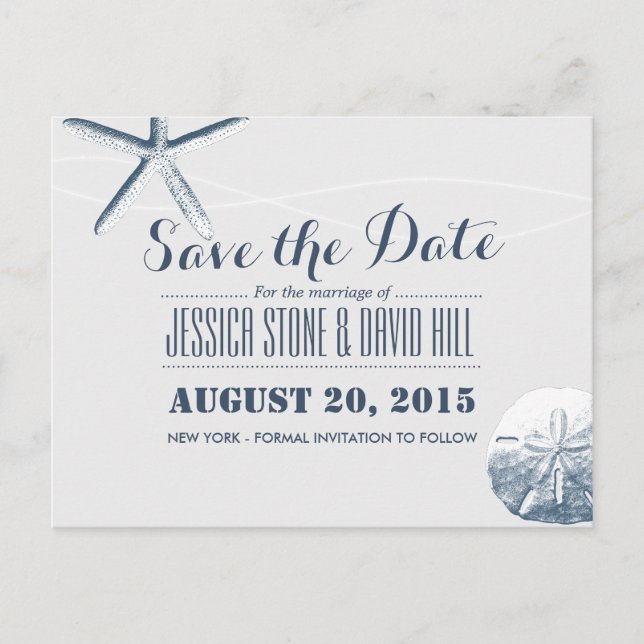 Simple Starfish & Sand Dollar Save the Date Announcement Postcard (Front)