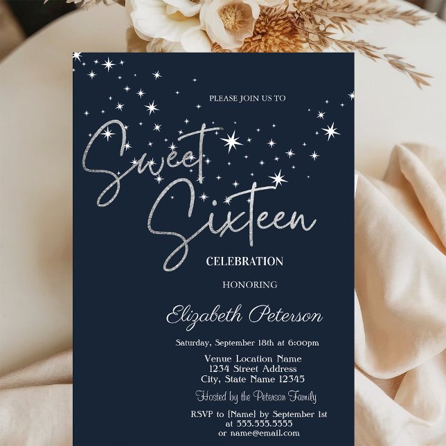 Simple Stars Navy Blue Sweet 16  Invitation (Creator Uploaded)