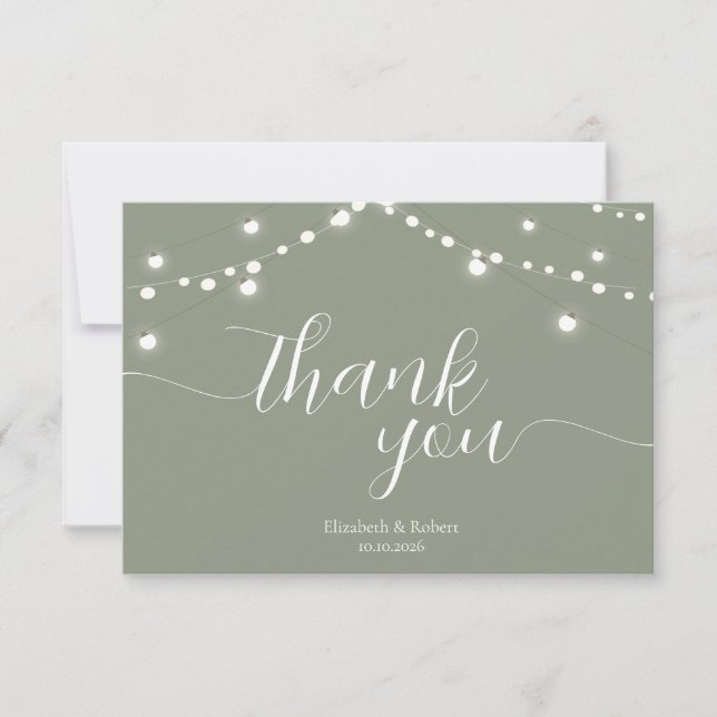 Simple String Lights Sage Green  Wedding Thank You Card (Front)