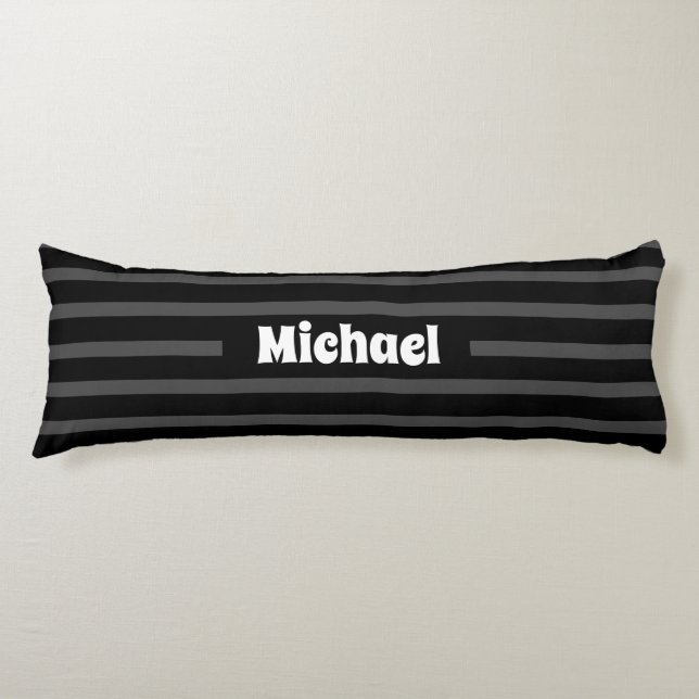 Simple Striped Dark Grey and Black Custom Name Body Pillow (Front)