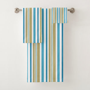 simple, striped pattern , olive and blue throw pil bath towel set