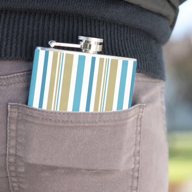 simple, striped pattern , olive and blue throw pil hip flask (In Situ)