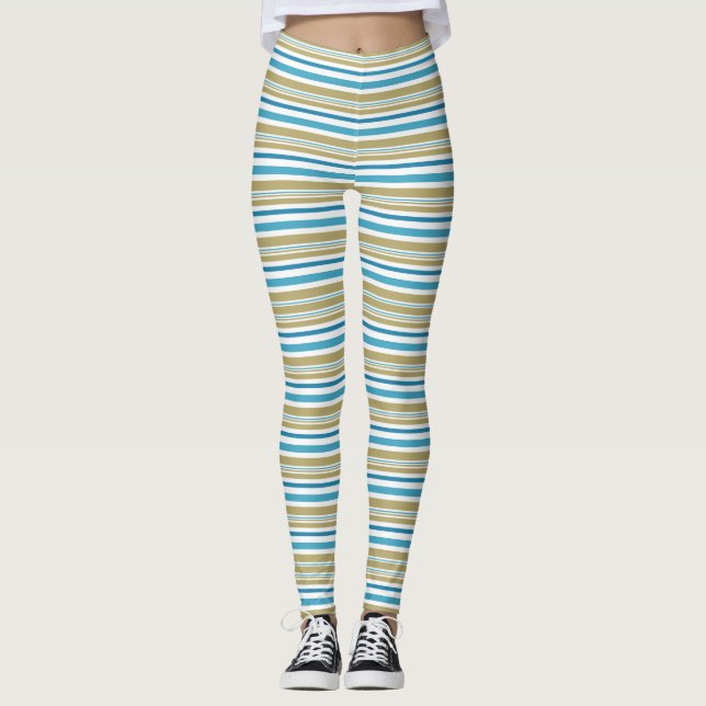 simple, striped pattern , olive and blue throw pil leggings (Front)