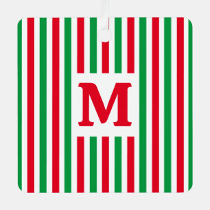 Simple Striped Red and Green Initial Christmas Metal Ornament