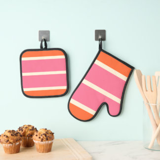 Simple Stripes in Pink, Orange and Cream Oven Mitt & Pot Holder Set