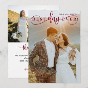 Simple Stylish Burgundy Best Day Ever 2 Photo Thank You Card